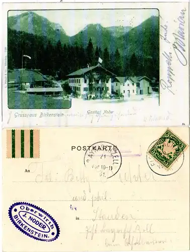 Bayern 1901, R3 Posthilfstelle FISCHERALM Taxe Bayrischzell auf Gasthof AK 