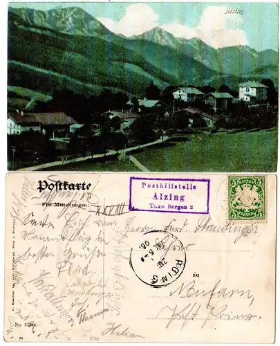 Bayern 1906, Posthilfstelle ALZING Taxe Bergen auf Farb-AK m. 5 Pf.