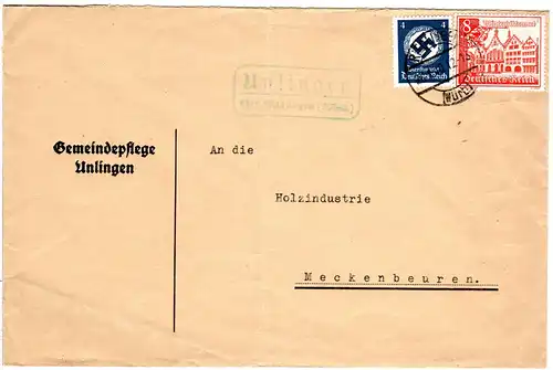 DR 1940, Landpost Stpl. UNLINGEN über Riedlingen auf Brief m. Mischfranktur