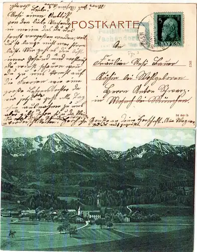 Bayern 1912, Posthilfstelle VACHENDORF Taxe Bergen auf sw-AK m. 5 Pf.