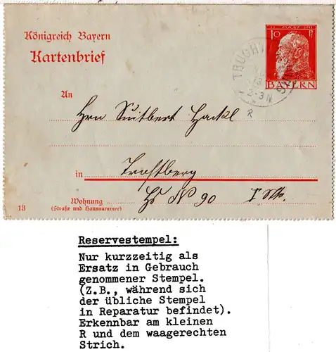 Bayern 1913, Reservestempel TRUCHTLACHING R auf 10 Pf. Kartenbrief