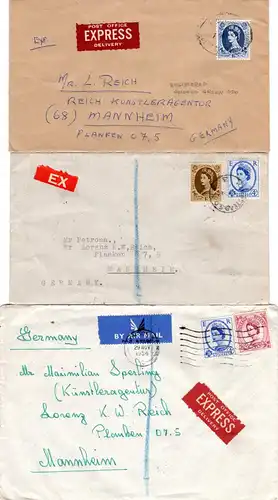 GB, 3 Express Briefe m. versch. Elizabeth Frankaturen n. Deutschland.