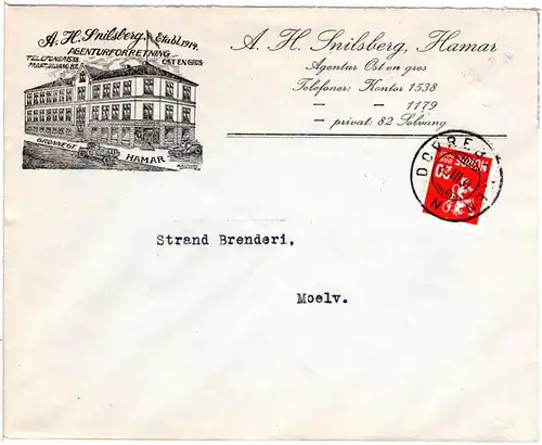 Norwegen 1937, 20 öre auf illustriertem Brief v. Hamar mit Bahnpoststempel.