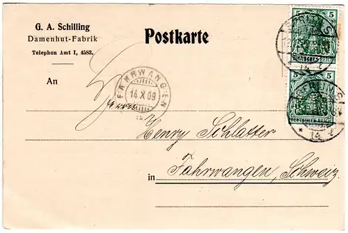 DR 1909, 2x5 Pf. Germania m. perfin Firmenlochung auf Firmen Karte v. Berlin S.