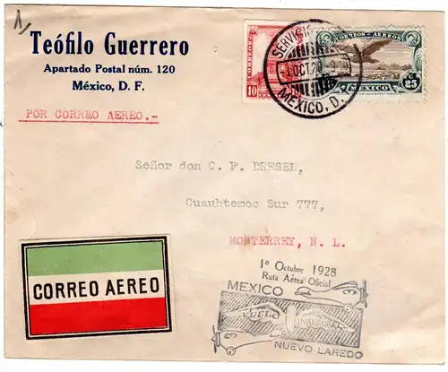 Mexiko 1929, 10+25 C. auf Erstflug Brief Mexico-Monterrey, Nuevo Laredo.