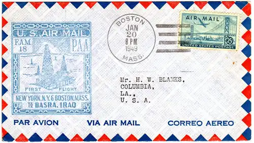 USA 1949, 25 C. auf Erstflug Brief v. Boston to Basra Iraq