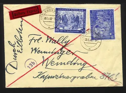 1948, 50+60 (+40) Pf. Leipziger Messe auf Eilboten Brief v. Augsburg. #1195