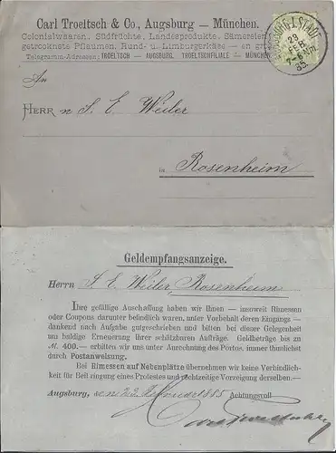 Bayern 1885, EF 3 Pf. auf Geldempfangsanzeige Karte v. Augsburg I Stadt. #2612