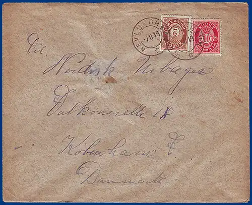 Norwegen 1919, Nevlunghavn (Vf), 2+10 öre auf Brief n. Dänemark. #S811