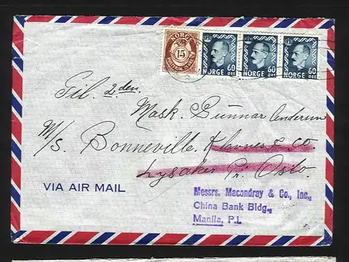 Norwegen Philippinen 1953, Seemanns Nachsende Luftpost Brief v. Horten. #1345