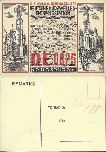 Augsburg 1929, AK Dt. Kurzwellen Empfangstation m. Radio Eintragungen. #317