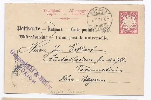 Schweiz Bayern 1903, Brief Stpl Zürich a.Ganzsache Antwortteil n.Traunstein #421