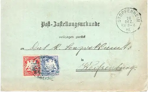 Bayern 1904, K1 Stopfenheim auf Zustellungsurkunde Brief m. 10+20 Pf. #2610