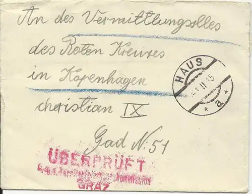 Österreich 1915, POW KGF Zensur Brief v. Haus n. Dänemark. #3052