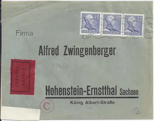 Schweden 1940, Express Zensur Brief m. 3er Streifen 30 öre n. Deutschland. #1899