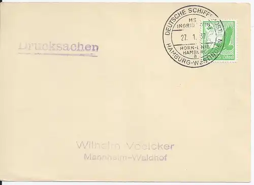 DR 1937, Karte m. Stpl. Dt. Schiffspost Hamburg Westindien MS Ingrid Horn. #2350