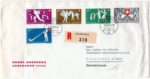 Schweiz 1951, Pro Juventute kpl. auf Einschreiben Brief v. Adelboden