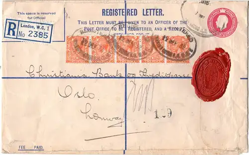 GB 1932, 5x2d on 4 1/2d registered stationery envelope from London to Norway.