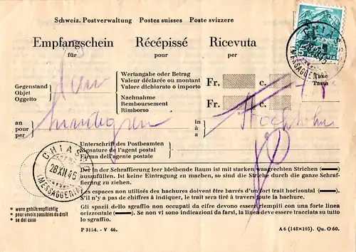 Schweiz 1946, 5 C. auf Postschein Empfangsschein, Recepisse v. Chiasso