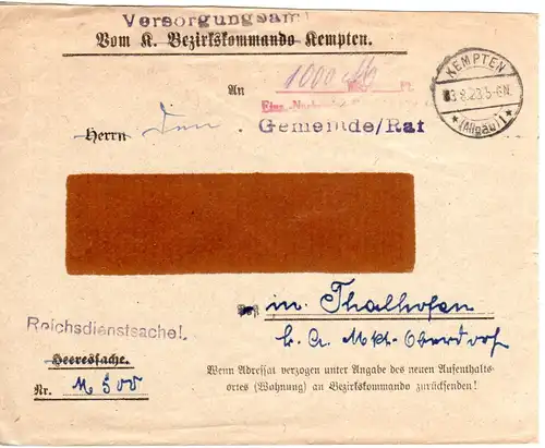 DR 1923, Reichsdienstsache Brief m. 1000 M. Einn.-Nachweis i. Kempten Allg.1