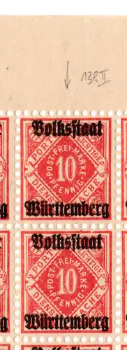Württemberg D 138, 10 Pf. Volksstaat, Bogenteil m. 40 Marken inkl. Plattenfehler