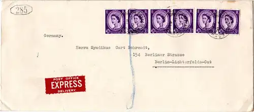 GB 1961, 6x3d on Express cover from London with Berlin ROHRPOST cancel on backs