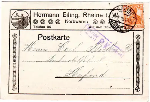 DR 1918, 7 1/2  Pf. auf Werbung Reklame Karte v. Rheine. Zensur