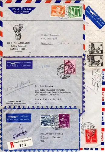 Schweiz 1947/56, 5 Luftpost Briefe n. USA m. versch. Frankaturen, 1mal Reko!