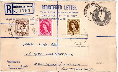 GB 1953, 5+8d+1 Sh. mit Ersttagsstempel auf Reko Ganzsache v. SHEPERDS BUSH