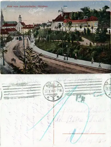 München, Gruß vom Salvatorkeller, 1918 gebr. Farb-AK m. Portostempel P.8