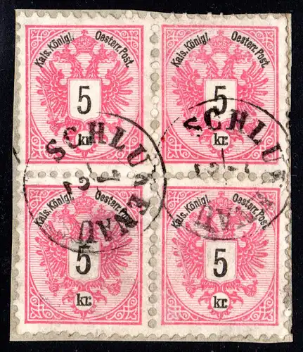 Österreich, 4er Block 5 Kr. auf schönem Briefstück m. Böhmen-K1 SCHLUKENAU.