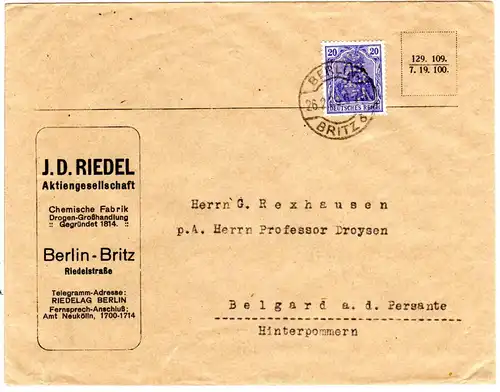 DR 1920, 20 Pf. m. perfin Firmenlochung auf Chemie Fabrik Brief v. Berlin Britz