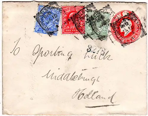 GB 1905, 1d Ganzsache Brief m. schöner Farbfrankatur v. Newcastle-On-Tyne
