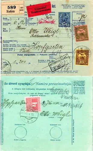 Ungarn 1914, 12+60 F. auf Nachnahme Paketkarte m. Österreich Porto v. Hopfgarten