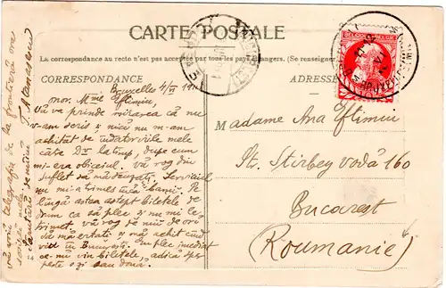 Belgien 1911, 10 C. auf Karte V. Brüssel n. Rumänien. Destination!