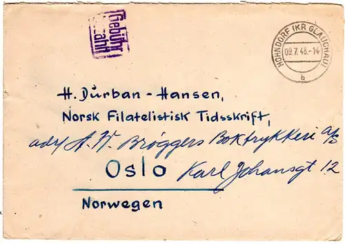 1948, blauer R2 Gebühr Bezahlt auf Brief v. HOHNDORF (SBZ) n. Norwegen