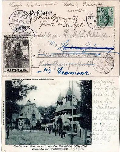 DR 1902, Sonder Stpl. Ausstellung Zittau auf entspr. AK m. 5 Pf. u. Vignette