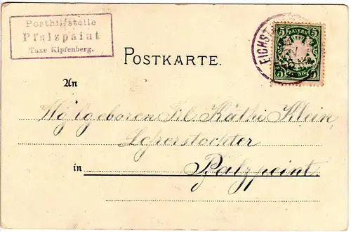 Bayern 1908, Posthilfstelle PFALZPAINT Taxe Kipfenberg auf Karte m. 5 Pf.
