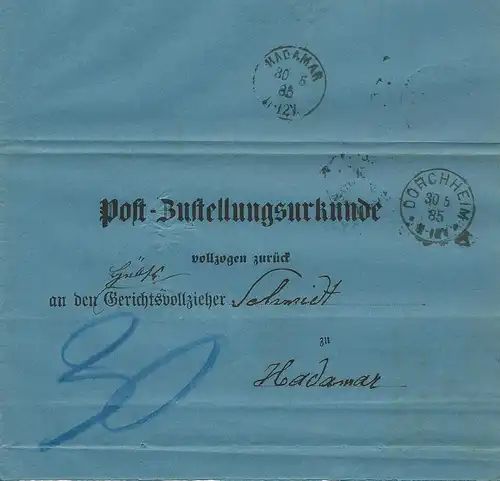 DR 1885, Post Zustellungsurkunde m. K1 DORCHHEIM u. rs. HADAMAR