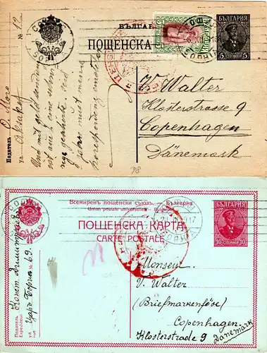 Bulgarien 1916/17, 2 Ganzsache Karten m. Zensuren v. Sofia n. Dänemark