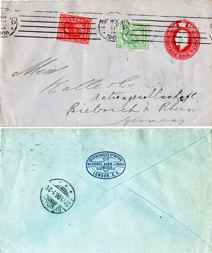 GB 1906, 1d India Bank Privat Ganzsache Brief m. 1/2+1d v. London n. Deutschland