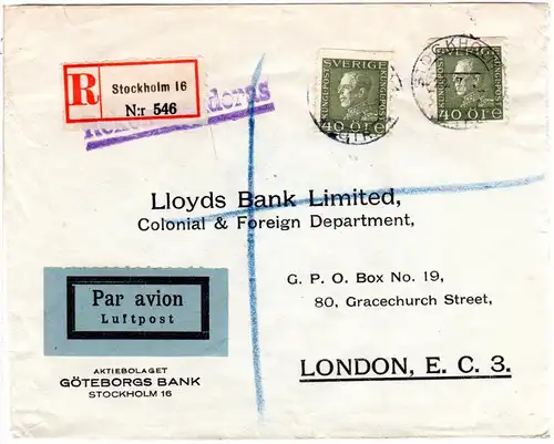 Schweden 1931, MeF 2x40 öre auf Luftpost Einschreiben Brief n. GB