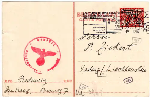 NL 1942, 7 1/2 auf 3 C. Ganzsache m. dt. Zensur v. s´Gravenhage n. Liechtenstein