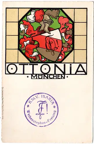 Ottonia München, ungebr. Studentica Farb-AK m. Cachet K.St.V. ISARIA FREISING