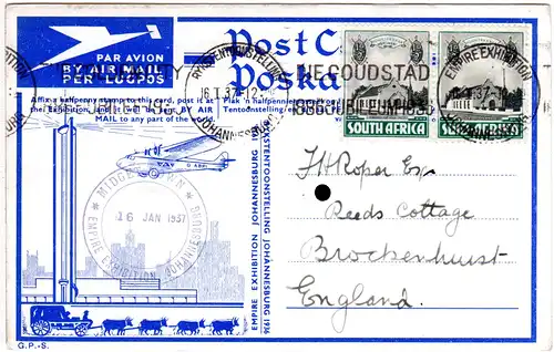 Südafrika 1937, offizielle Luftpost Karte m. Abb. Post Office Johannesburg
