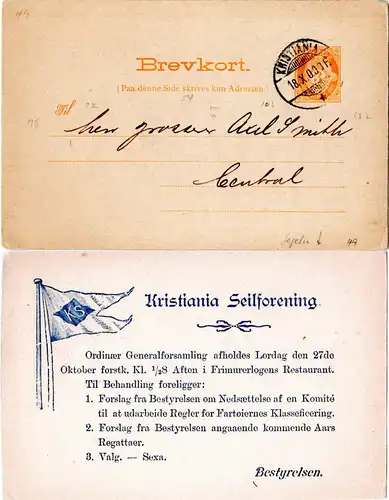 Norwegen 1900, 3 öre Orts-Ganzsache v. Kristiania m. rs. Seilforening Zudruck 