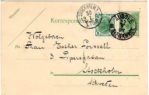Österreich 1907, 5 H. auf 5 H. Ganzsache v. K1 AUSSEE IN STEIERMARK n. Schweden