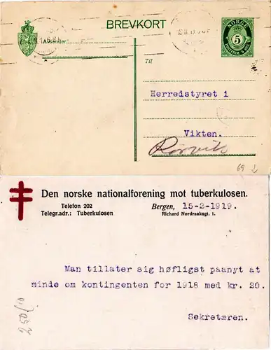 Norwegen 1919, 5 öre Ganzsache v. Bergen m. rücks. Tubekulose Hilfe Zudruck
