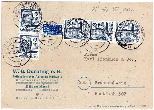 Württemberg 1949, MeF 5x2 Pf. auf Karte v. Düsseldorf. RM als DM verwendet!