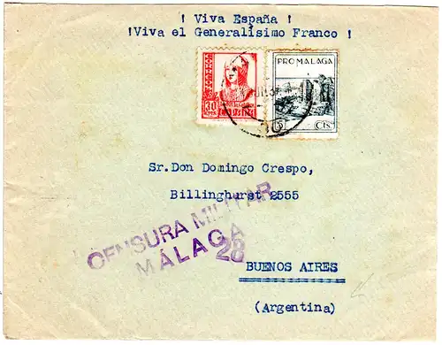Spanien 1937, 30 C.+ 5 C. Pro Malaga auf Zensur Brief v. Malaga n. Argentinien